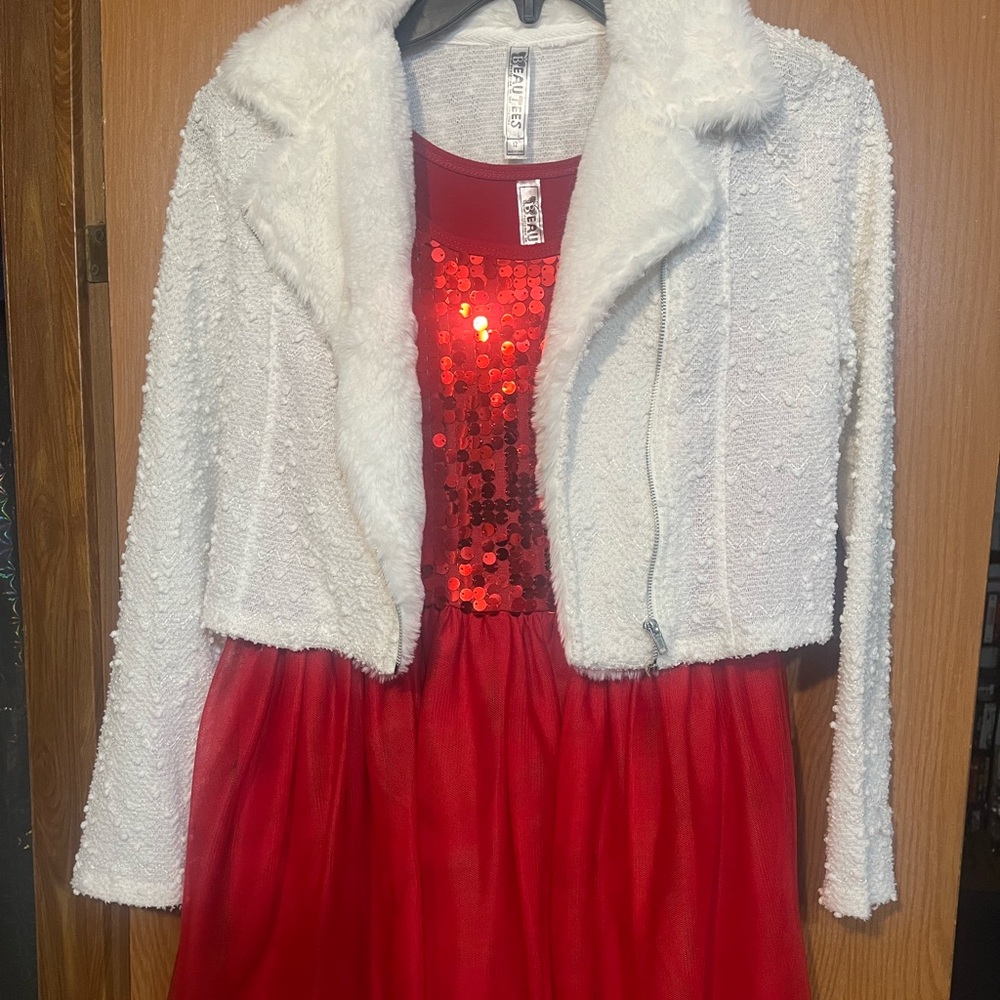 Red Dress and zip up White Faux Fur Jacket